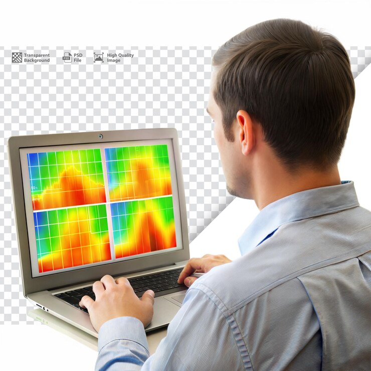 PSD hombre analizando datos en una computadora portátil