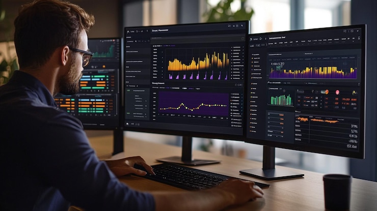 PSD hombre analizando datos financieros en triples monitores