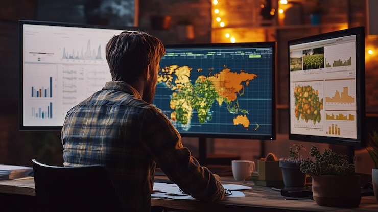 PSD hombre analizando datos globales en múltiples monitores en una oficina con poca luz