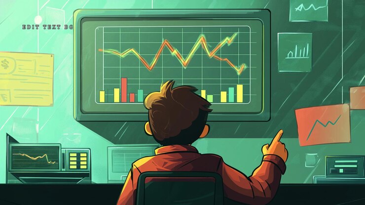 PSD hombre analizando datos del mercado de valores en una pantalla de computadora rodeado de gráficos y gráficos