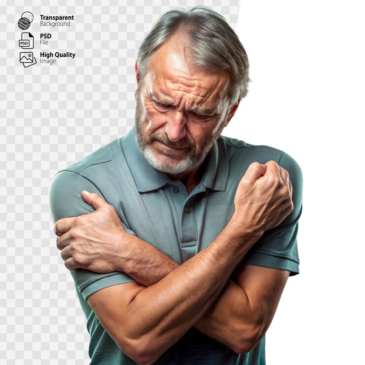 PSD hombre anciano con camiseta de polo gris sosteniendo los brazos en dolor sobre un fondo blanco