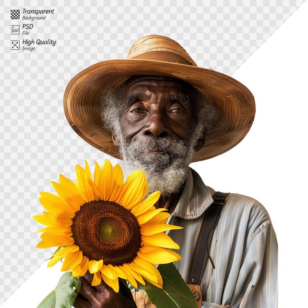 PSD hombre anciano con girasol en un fondo transparente