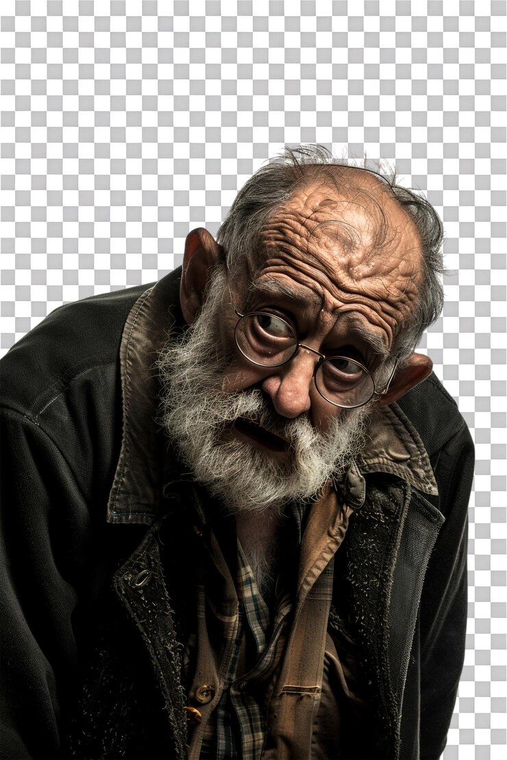 PSD hombre anciano llorando solo en un fondo transparente