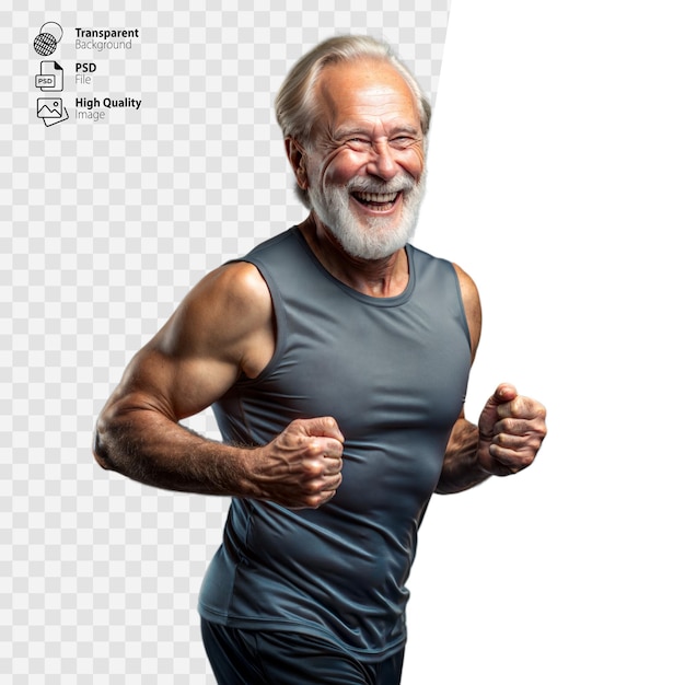 PSD hombre anciano sonriente en traje atlético celebrando objetivos de fitness en el interior