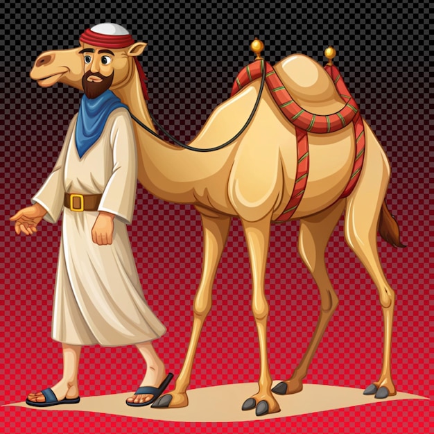 PSD hombre árabe con un camello jorobado en el desierto