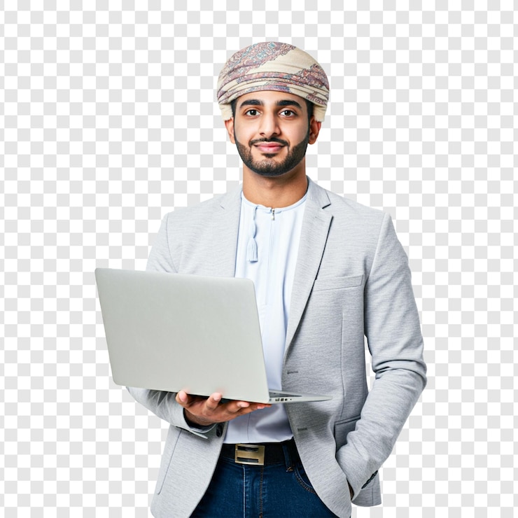 un hombre árabe está sosteniendo una computadora portátil aislada en un fondo transparente