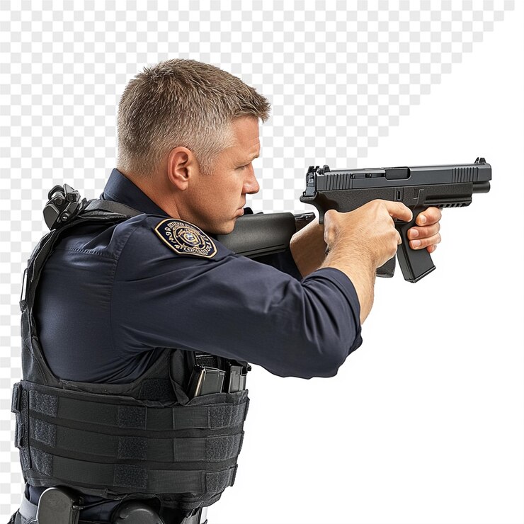 PSD un hombre con un arma que dice "policía" en ella