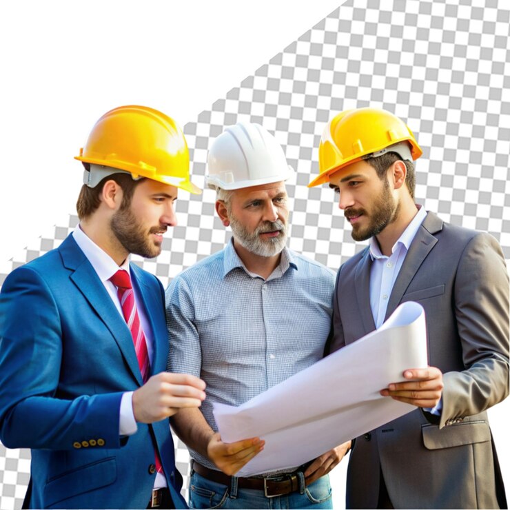 PSD hombre arquitecto mostrando algo en el proyecto a su colega capataz