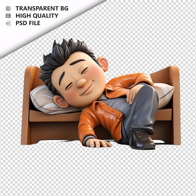 Hombre asiático durmiendo 3d estilo de dibujos animados fondo blanco isola