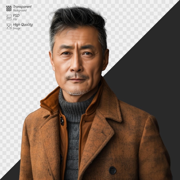 PSD hombre asiático maduro con una elegante chaqueta de gamuza marrón