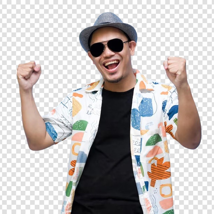 PSD un hombre asiático muy feliz con gafas de sol bailando hace movimientos a la música sonriendo positivamente