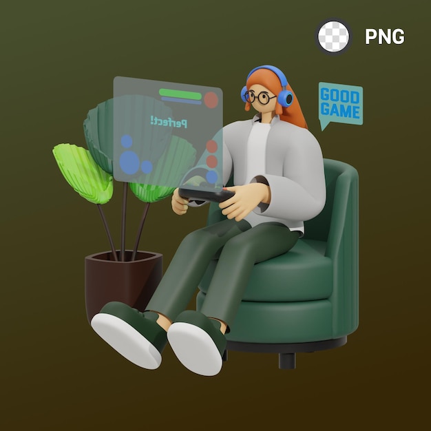 Un hombre con audífonos y una computadora portátil se sienta en una silla con un letrero que dice png.