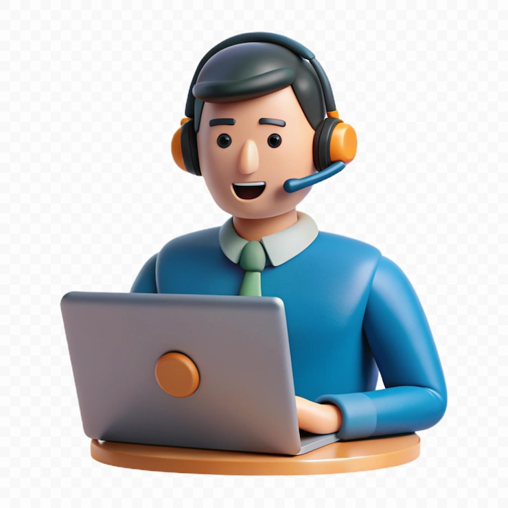 PSD un hombre con un auricular en la cabeza se sienta en un escritorio con una computadora portátil y auriculares