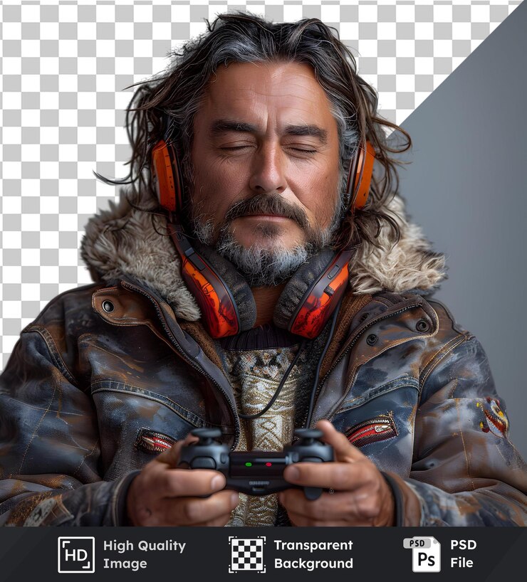 PSD hombre con auriculares y un controlador de juego con fondo transparente premium