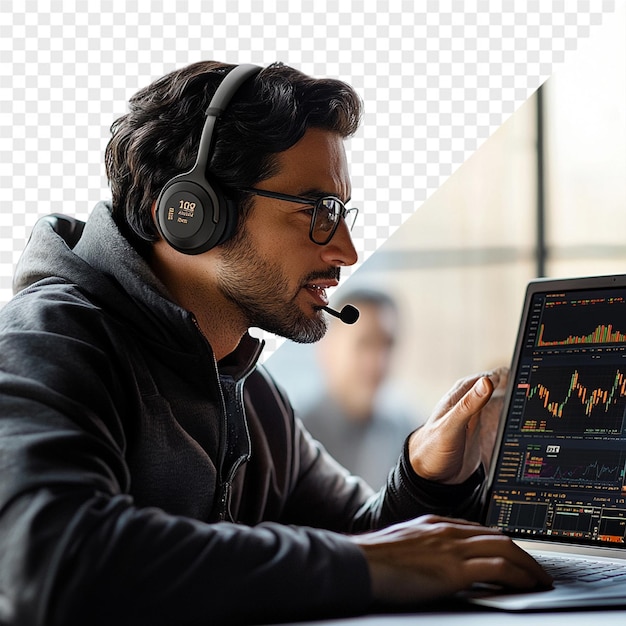 un hombre con auriculares está usando una computadora portátil con un gráfico en ella