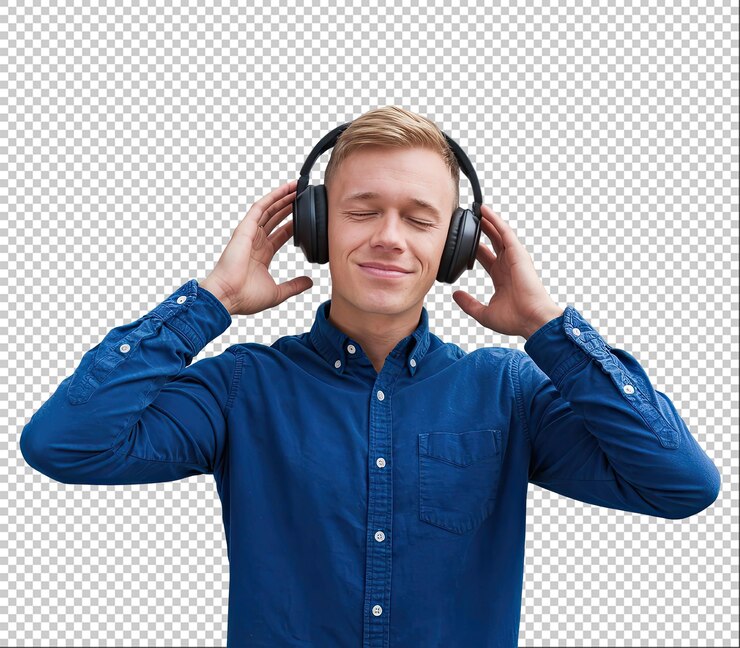un hombre con auriculares en los oídos está escuchando música