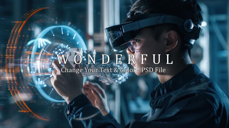 PSD hombre con auriculares de realidad virtual interactúa con la interfaz de realidad virtual