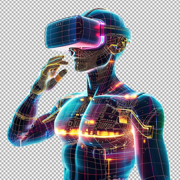 PSD hombre con auriculares de realidad virtual mundo virtual abstracto con líneas de neón