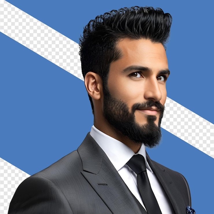 PSD un hombre con barba y bigote se encuentra frente a un fondo azul con un fondo blanco y azul