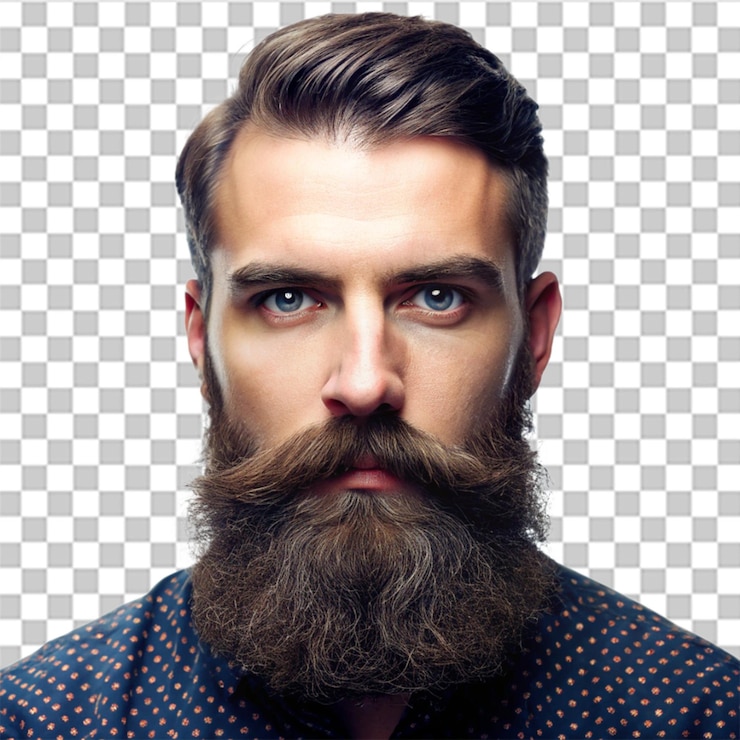 PSD un hombre con barba y bigote mira a la cámara aislado en un fondo transparente