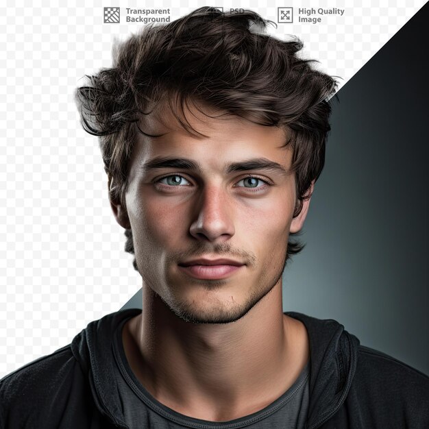 Un hombre con barba y una camisa negra con un logo blanco.