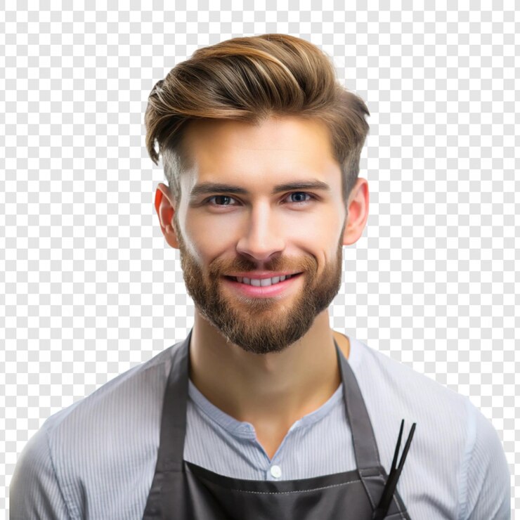un hombre con barba y un delantal negro que dice que está sonriendo