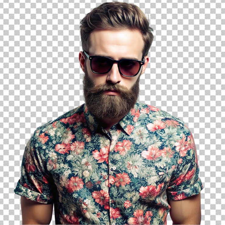 PSD un hombre con barba y gafas de sol lleva una camisa con un patrón de flores