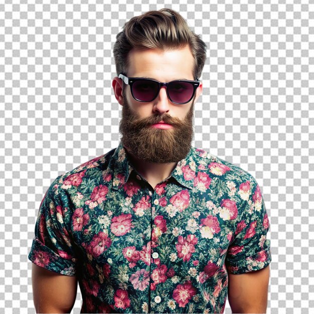 Un hombre con barba y gafas de sol lleva una camisa con un patrón de flores