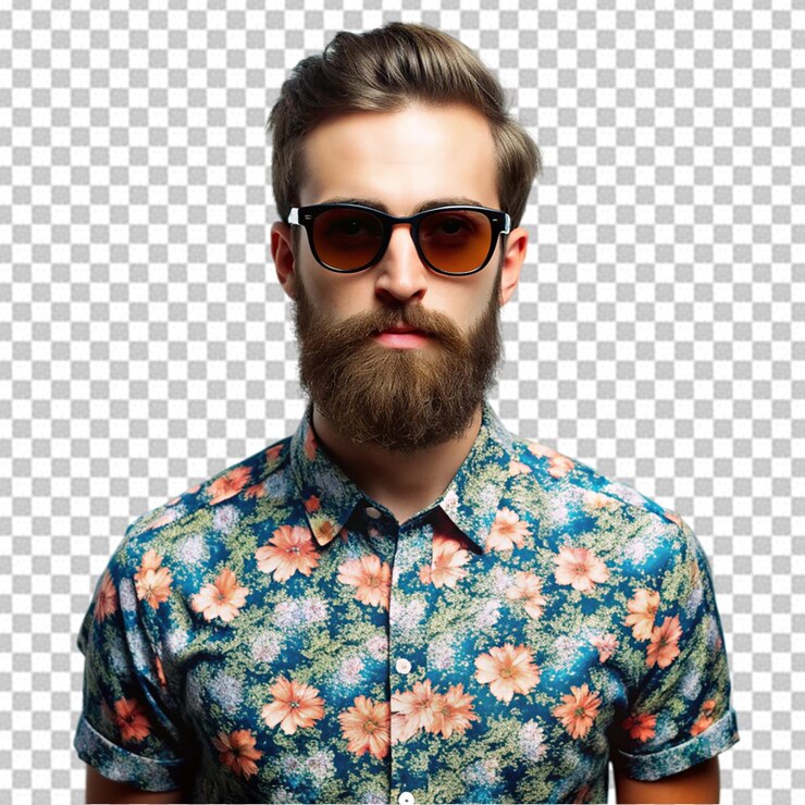 PSD un hombre con barba y gafas de sol lleva una camisa con un patrón de flores