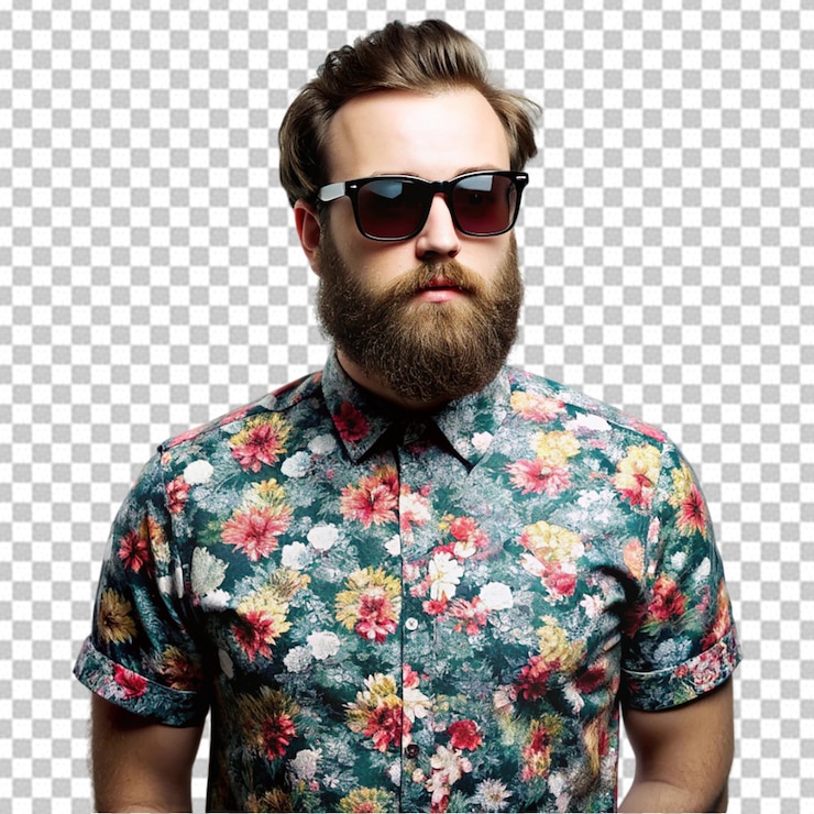 PSD un hombre con barba y gafas de sol lleva una camisa con un patrón de flores