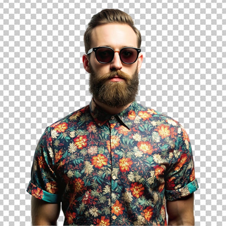 PSD un hombre con barba y gafas de sol lleva una camisa con un patrón de flores