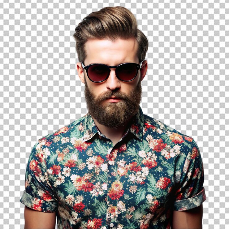 PSD un hombre con barba y gafas de sol lleva una camisa con un patrón de flores