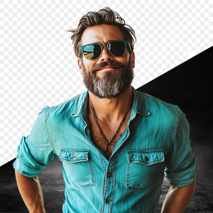 PSD un hombre con barba y gafas de sol posa para una foto