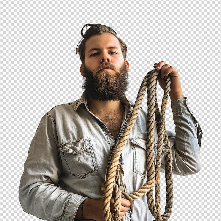 PSD hombre con barba y una larga cuerda aislado en un fondo transparente png