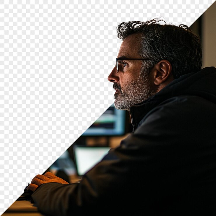 PSD un hombre con barba se sienta frente a una pantalla de computadora