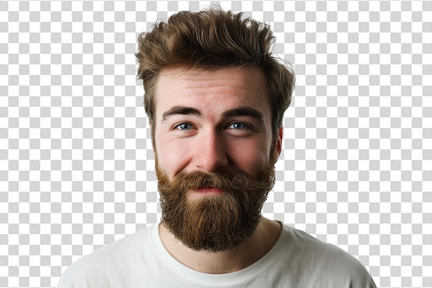 Hombre barbudo sonriente con camisa blanca sobre un fondo blanco aislado