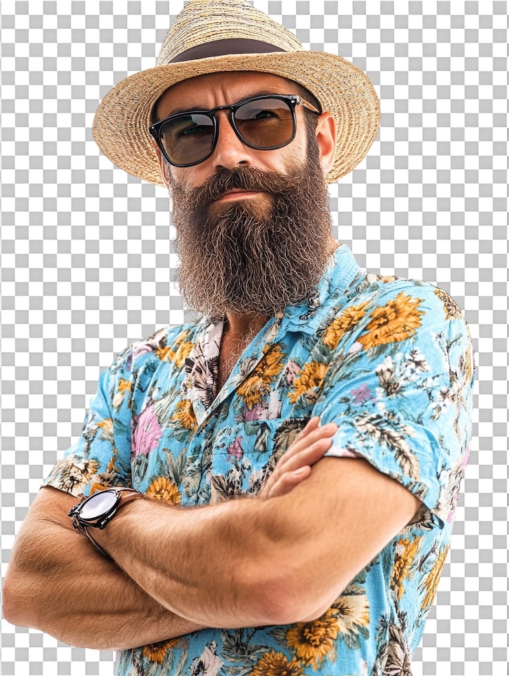 PSD hombre barbudo en un traje de verano con los brazos cruzados contra un fondo transparente para exhibiciones de moda o promociones estacionales