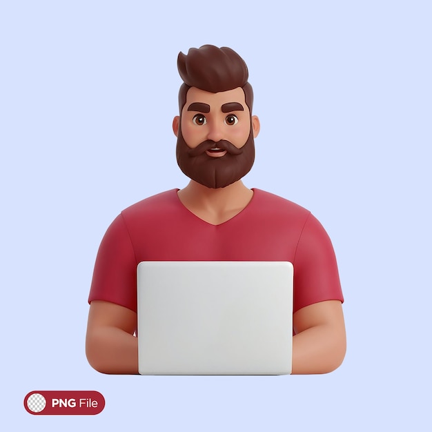 Un hombre barbudo usando una ilustración 3D de portátil