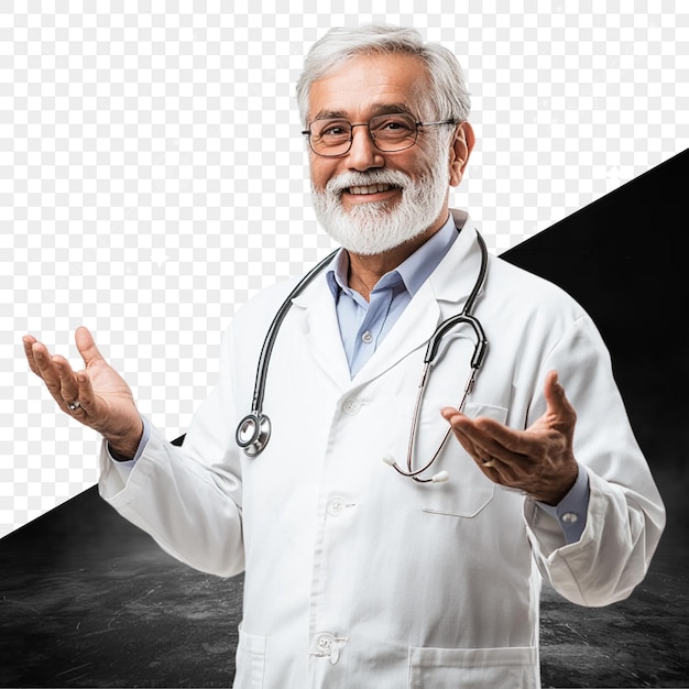 un hombre con una bata de laboratorio blanca está de pie frente a una foto en blanco y negro