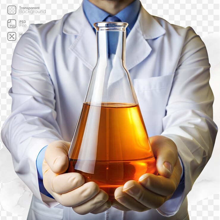 PSD un hombre con una bata de laboratorio blanca sosteniendo un vaso de vidrio lleno de un líquido amarillo
