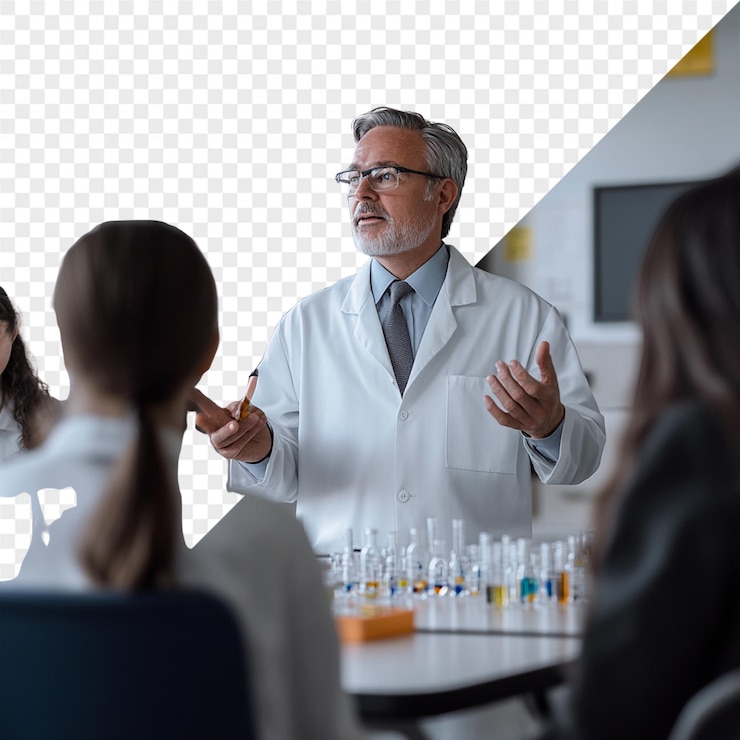 PSD un hombre con una bata de laboratorio está hablando con un grupo de mujeres