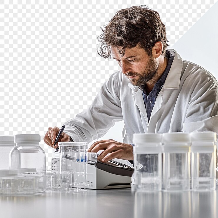 PSD un hombre con una bata de laboratorio está trabajando en una computadora