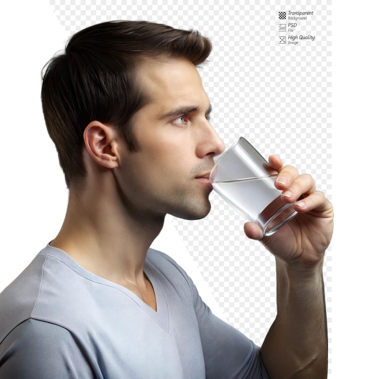 PSD hombre bebiendo un vaso de agua sobre un fondo transparente