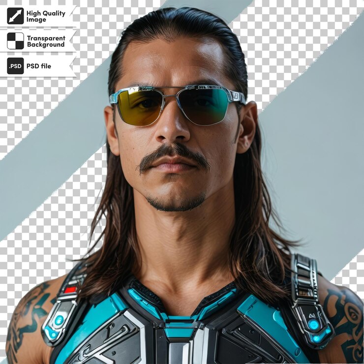 PSD un hombre con bigote y gafas de sol en la cara está usando un traje azul y negro