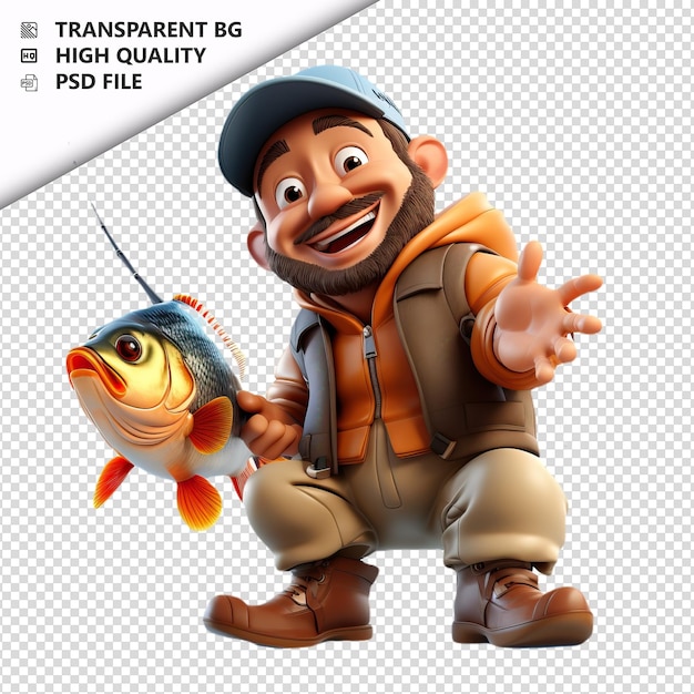 Hombre blanco pescando 3d estilo de dibujos animados fondo blanco isola