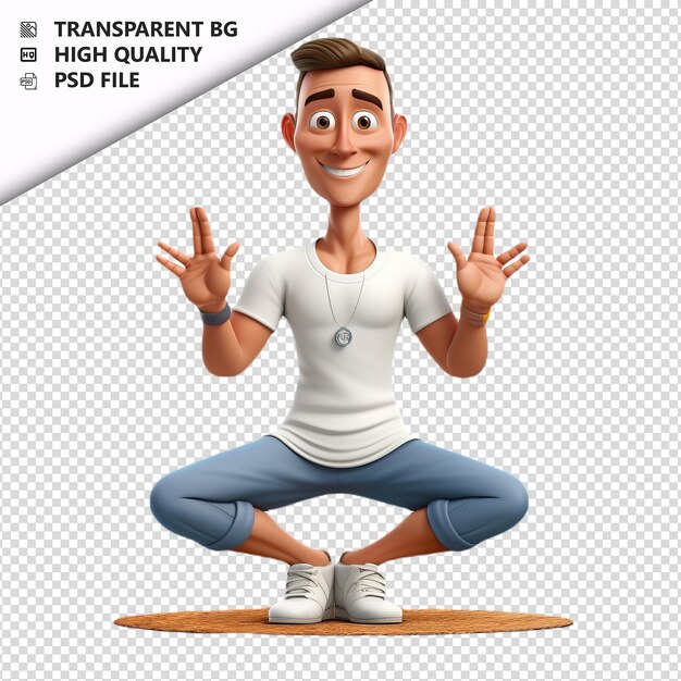 Hombre blanco yoga 3d estilo de dibujos animados fondo blanco aislado