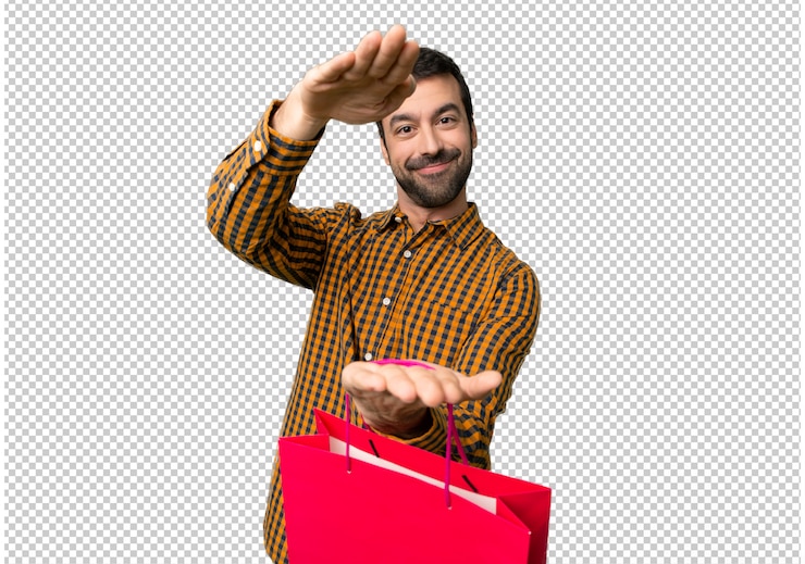 PSD hombre con bolsas de compra con copyspace para insertar un anuncio