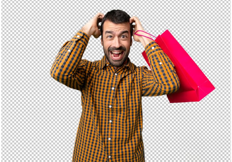 PSD hombre con bolsas de la compra toma las manos en la cabeza porque tiene migraña