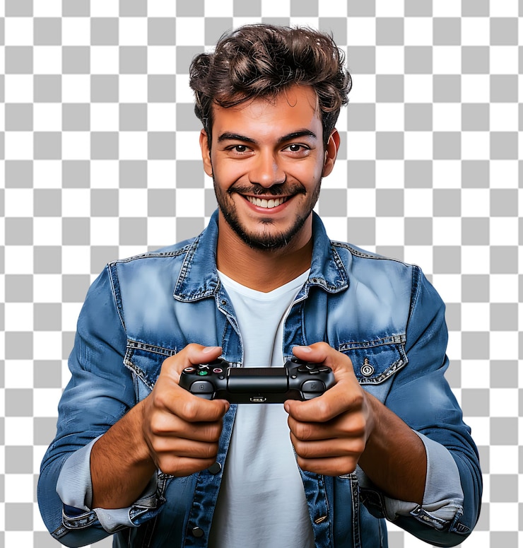 PSD hombre brasileño jugando con un controlador de videojuego en un fondo transparente