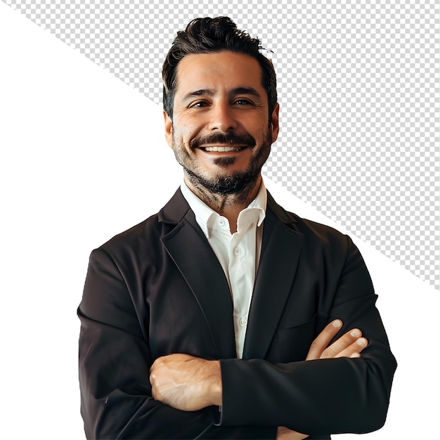 un hombre con los brazos cruzados y una sonrisa en la cara